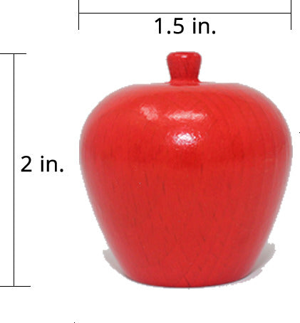 A bright red apple-shaped wooden game piece measuring 2 inches tall and 1.5 inches wide. It is smooth and rounded, perfect for children’s games.