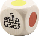 A wooden game die featuring a yellow dot, a red dot, and an illustration of a woven basket. The die is part of a children's game titled 'My First Orchard' by HABA USA, designed for preschoolers to engage in cooperative play.