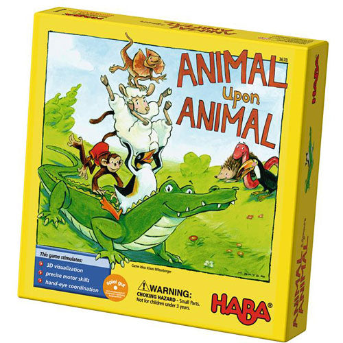 Box cover of the game 'Animal Upon Animal' by HABA. Illustration features playful animals, including a crocodile, sheep, and other creatures stacked atop one another, showcasing the game's fun and whimsical nature. Recommended for enhancing motor skills and hand-eye coordination.