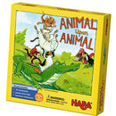 Box cover of the game 'Animal Upon Animal' by HABA. Illustration features playful animals, including a crocodile, sheep, and other creatures stacked atop one another, showcasing the game's fun and whimsical nature. Recommended for enhancing motor skills and hand-eye coordination.