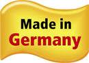 A vibrant product badge that prominently displays the text 'Made in Germany' in bold black letters against a bright yellow wave-shaped background. This badge highlights the quality and origin of the Clutching Toy Magica by Haba, a game designed for children to foster creativity and dexterity.