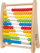 A colorful wooden abacus featuring rows of bright rainbow beads in red, orange, yellow, green, and blue on wooden rods, set in a sturdy wooden frame. This educational toy is designed to help children learn counting, arithmetic, and fine motor skills through engaging play.