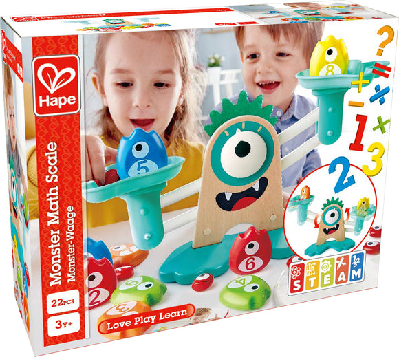 The Monster Math Scale by HaPe International features a colorful, playful design that engages young learners. The set includes various numbered monster pieces, interactive scales, and vibrant colors, helping children aged 3 and up explore basic math concepts through hands-on play. Two children are seen enjoying the toy, enhancing learning experiences in a fun, STEAM-focused approach.