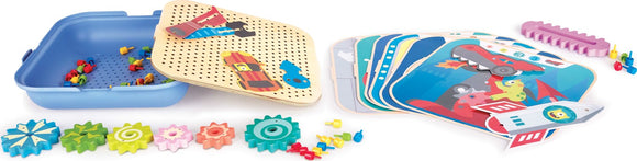 Cogworks Experimental Playset by Hape featuring colorful gears, various pegs, and activity cards for hands-on play. Includes a blue base tray and a perforated lid for creative assembly.