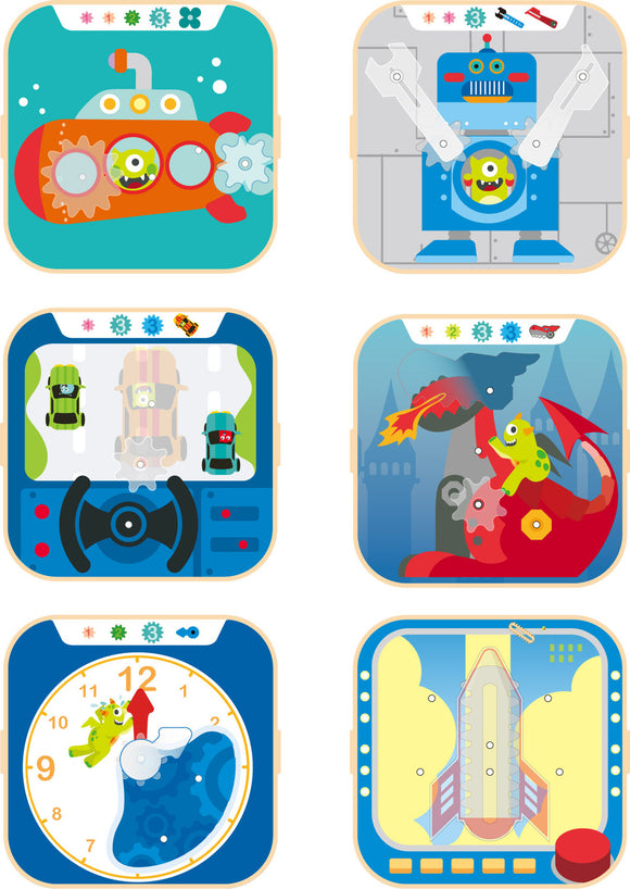 The Cogworks Experimental Playset by Hape features six engaging activities, including a submarine, racing cars, a robot, a dragon, a clock, and a rocket. Each design encourages imaginative play and hands-on learning with interactive components that stimulate creativity and problem-solving skills.