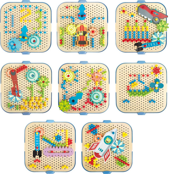 Cogworks Experimental Playset by Hape features eight colorful pegboards, each embedded with vibrant gears, shapes, and engaging figures. This creative playset encourages fine motor skills and imaginative play, making it a perfect educational tool for children.