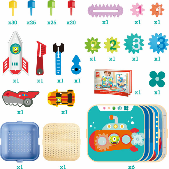 Cogworks Experimental Playset by Hape, featuring colorful components including gears, vehicles, and activity cards designed for interactive play and learning. Ideal for enhancing creativity and problem-solving skills in children.