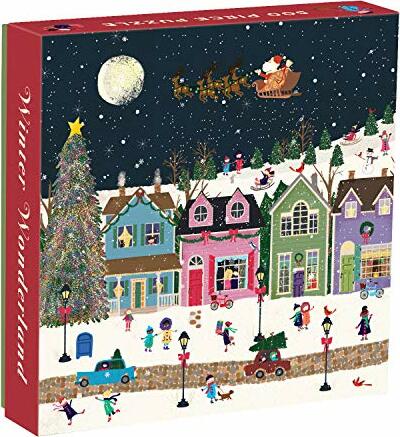 The Winter Wonderland jigsaw puzzle by Galison features a vibrant, snowy village scene. Key elements include a tall Christmas tree adorned with ornaments, twinkling lights, and a moonlit sky. Santa in his sleigh, cheerful people enjoying winter activities, vintage cars, and charming houses decorated for the season create a festive atmosphere. This 500-piece puzzle offers a delightful challenge for puzzle enthusiasts and families, perfect for cozy winter evenings.