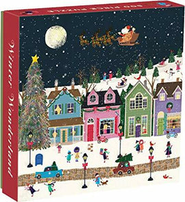 The Winter Wonderland jigsaw puzzle by Galison features a vibrant, snowy village scene. Key elements include a tall Christmas tree adorned with ornaments, twinkling lights, and a moonlit sky. Santa in his sleigh, cheerful people enjoying winter activities, vintage cars, and charming houses decorated for the season create a festive atmosphere. This 500-piece puzzle offers a delightful challenge for puzzle enthusiasts and families, perfect for cozy winter evenings.