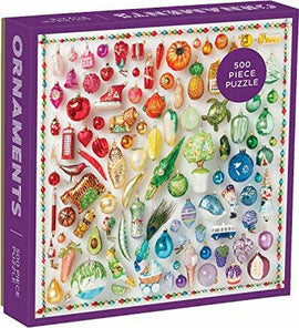 A vibrant jigsaw puzzle featuring an array of colorful ornaments, including Christmas decorations like pineapples, stars, and traditional glass baubles. This 500-piece puzzle by Galison showcases a visually stunning assortment arranged in a grid format against a white background, perfect for puzzle enthusiasts and holiday decor lovers alike.