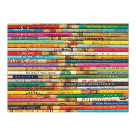 A colorful jigsaw puzzle featuring an artistic design of vintage pencils. The puzzle showcases various colorful pencil labels stacked in an organized manner, creating a nostalgic and whimsical look. Ideal for puzzle enthusiasts and lovers of retro stationery. Made by Galison.