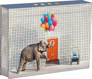 Gray Malin At the ParkerCards game box featuring a whimsical illustration of an elephant joyfully stepping through a decorative doorway, holding colorful balloons. The background showcases a unique lattice design, adding a playful touch to the vibrant scene.