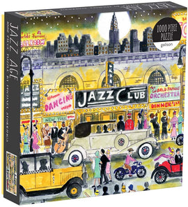 Jazz Age jigsaw puzzle featuring a vibrant illustration of a jazz club scene from the 1920s, showcasing elegantly dressed people dancing, vintage cars, and the iconic skyline. The puzzle consists of 1000 pieces and is produced by Galison.