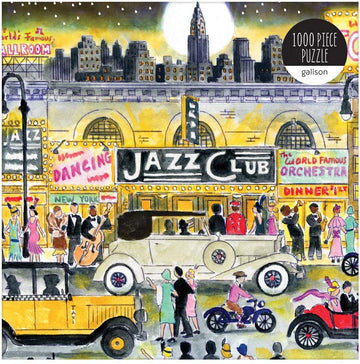 A colorful illustration depicting a lively Jazz Age scene with a jazz club, vintage cars, and elegantly dressed people celebrating in the streets of New York. The artwork features intricate details including a large 'Jazz Club' sign, musicians, and diners, all set against a moonlit skyline.
