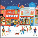 A colorful illustration of a winter street scene featuring a florist and a bookstore named 'Bookworm.' Snowflakes fall as shoppers stroll by with bags, including a person walking a dog.