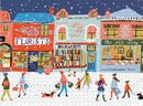 A colorful jigsaw puzzle depicting a charming village street scene in winter. The image features shops like a florist, a bookstore named 'Bookworm,' and 'The Pet Shop.' People, including children and pets, stroll along the snowy street, carrying shopping bags. The vibrant artwork showcases various building styles in a festive atmosphere.