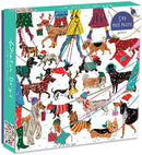 Colorful jigsaw puzzle featuring playful dogs in winter attire. The illustration shows various breeds, some wearing hats and scarves, walking in a snowy scene with people. Perfect for dog lovers and puzzle enthusiasts.