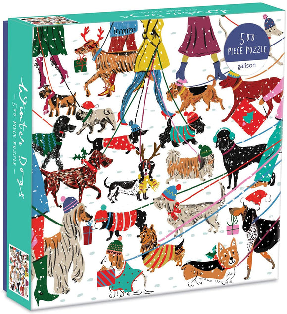 Colorful jigsaw puzzle featuring playful dogs in winter attire. The illustration shows various breeds, some wearing hats and scarves, walking in a snowy scene with people. Perfect for dog lovers and puzzle enthusiasts.