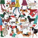 A colorful jigsaw puzzle featuring various breeds of dogs in winter attire. Dogs are depicted on leashes, wearing festive hats and outfits, with a cheerful winter scene background. The illustration captures a vibrant community walk with playful detailing, perfect for dog lovers and puzzle enthusiasts alike.