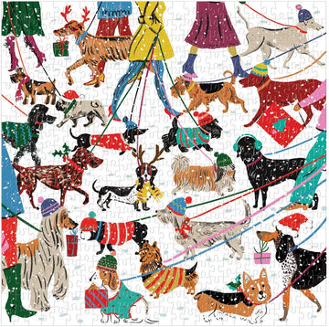 A colorful jigsaw puzzle featuring various breeds of dogs in winter attire. Dogs are depicted on leashes, wearing festive hats and outfits, with a cheerful winter scene background. The illustration captures a vibrant community walk with playful detailing, perfect for dog lovers and puzzle enthusiasts alike.