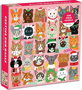 Festive Furballs jigsaw puzzle featuring a colorful assembly of 25 illustrated cats in festive attire, such as Santa hats and scarves. The puzzle consists of 500 pieces and is packaged in a cheerful pink box with festive designs, including snowflakes. Ideal for cat lovers and puzzle enthusiasts looking for a delightful holiday-themed challenge.