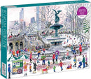 Bethesda Fountain jigsaw puzzle by Galison featuring a vibrant winter scene. The image depicts a lively park with a historic fountain surrounded by people, trees, and city skyscrapers in the background. This 1000-piece puzzle showcases intricate details and colorful characters enjoying various activities.