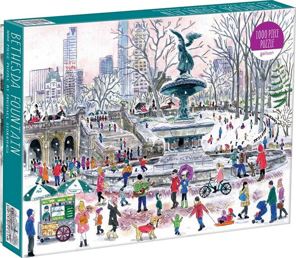 Bethesda Fountain jigsaw puzzle by Galison featuring a vibrant winter scene. The image depicts a lively park with a historic fountain surrounded by people, trees, and city skyscrapers in the background. This 1000-piece puzzle showcases intricate details and colorful characters enjoying various activities.