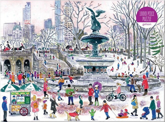 A 1000-piece jigsaw puzzle featuring a vibrant winter scene in a park, showcasing a fountain surrounded by people in winter attire, trees, and city buildings in the background. The artwork by Michael Storrings captures the lively essence of a snowy day with children playing, street vendors, and a variety of activities.
