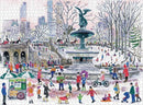 A beautifully illustrated jigsaw puzzle featuring a winter scene in a park. People in colorful clothing are engaging in various activities around a central fountain, surrounded by snow-covered trees and city skyscrapers in the background. Some are walking dogs, while others are riding bicycles, enjoying the festive atmosphere.