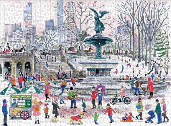 A beautifully illustrated jigsaw puzzle featuring a winter scene in a park. People in colorful clothing are engaging in various activities around a central fountain, surrounded by snow-covered trees and city skyscrapers in the background. Some are walking dogs, while others are riding bicycles, enjoying the festive atmosphere.