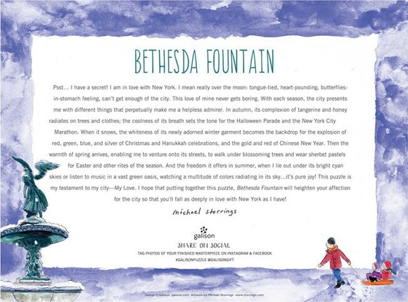 The Bethesda Fountain jigsaw puzzle by Galison features a beautifully illustrated scene inspired by New York City. The artwork depicts the fountain surrounded by vibrant colors, showcasing seasonal elements and a winter setting with figures enjoying the scene. Ideal for puzzle enthusiasts and lovers of New York.