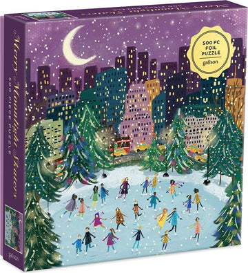 The Merry Moonlight Skaters Foil jigsaw puzzle by Galison features a colorful winter scene of people ice skating under a starry night sky. With 500 pieces, the illustrated box cover depicts festive skaters, snow-covered trees, and a city skyline, all shimmering with holiday cheer.