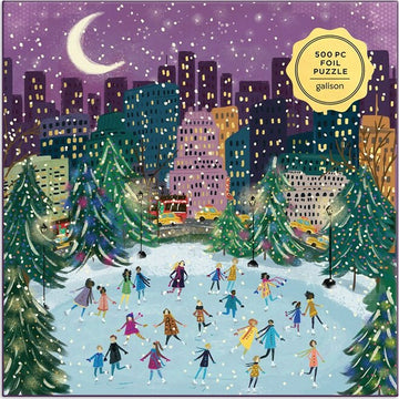Merry Moonlight Skaters Foil jigsaw puzzle featuring a vibrant winter scene with children skating on an ice rink surrounded by snowy trees, city buildings, and twinkling lights. The artwork includes a purple night sky with a crescent moon and festive decorations.