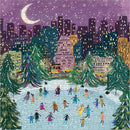 A vibrant jigsaw puzzle featuring a winter sk skating scene under a starry night sky. Numerous skaters of diverse appearances glide across the ice in a city park, surrounded by decorated trees and tall buildings with glowing windows in the background. Snowflakes are gently falling, adding a magical touch to the festive atmosphere.