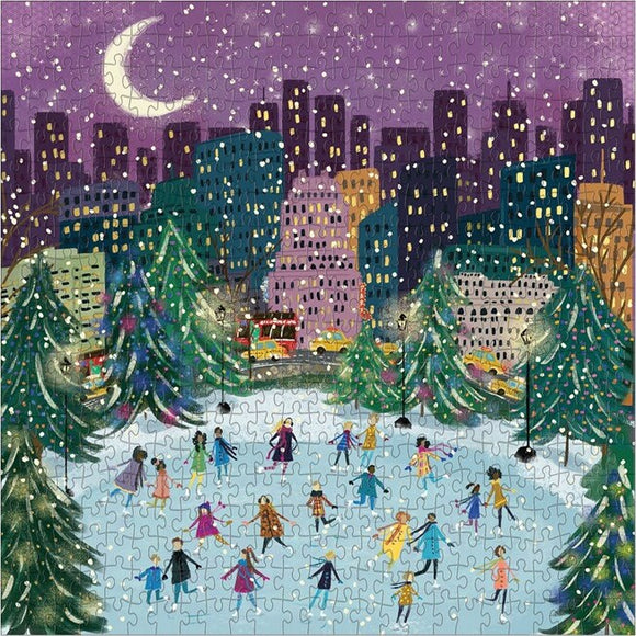 A vibrant jigsaw puzzle featuring a winter sk skating scene under a starry night sky. Numerous skaters of diverse appearances glide across the ice in a city park, surrounded by decorated trees and tall buildings with glowing windows in the background. Snowflakes are gently falling, adding a magical touch to the festive atmosphere.