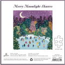 The Merry Moonlight Skaters Foil jigsaw puzzle features a whimsical winter scene with people skating on an ice rink surrounded by snowy trees and city buildings under a starry sky. The colorful illustration, created by Joy Laforme, captures the festive spirit of winter fun, making it a delightful puzzle for families and puzzle enthusiasts alike.