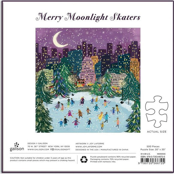 The Merry Moonlight Skaters Foil jigsaw puzzle features a whimsical winter scene with people skating on an ice rink surrounded by snowy trees and city buildings under a starry sky. The colorful illustration, created by Joy Laforme, captures the festive spirit of winter fun, making it a delightful puzzle for families and puzzle enthusiasts alike.