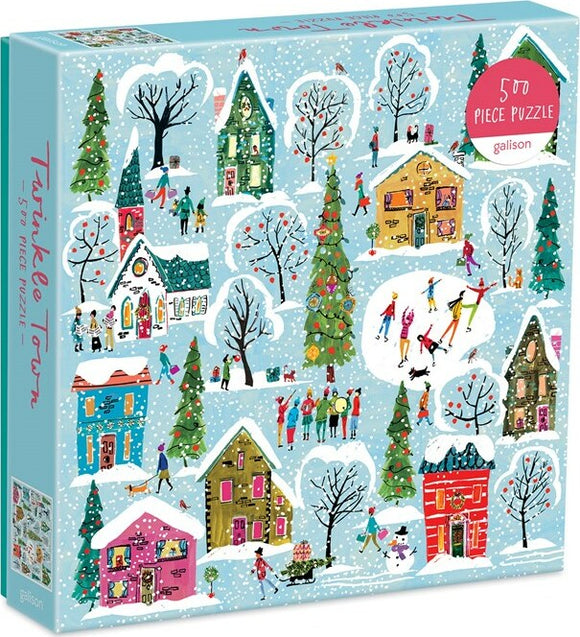 Twinkle Town jigsaw puzzle featuring a colorful winter scene with whimsical houses, trees, and people enjoying winter activities like ice skating and caroling. The puzzle comes in a decorative box showcasing a snow-covered landscape filled with festive details, perfect for family fun and holiday spirit.