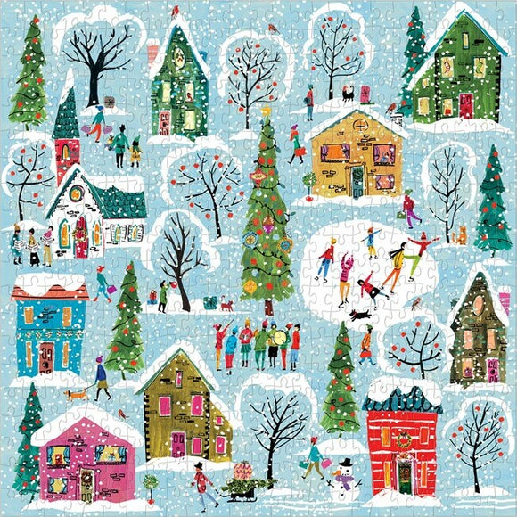 A vibrant jigsaw puzzle titled 'Twinkle Town' featuring a festive winter scene with colorful houses, lush Christmas trees, and people ice skating and celebrating in a snowy landscape. The puzzle is filled with playful illustrations that capture the joy of the holiday season.