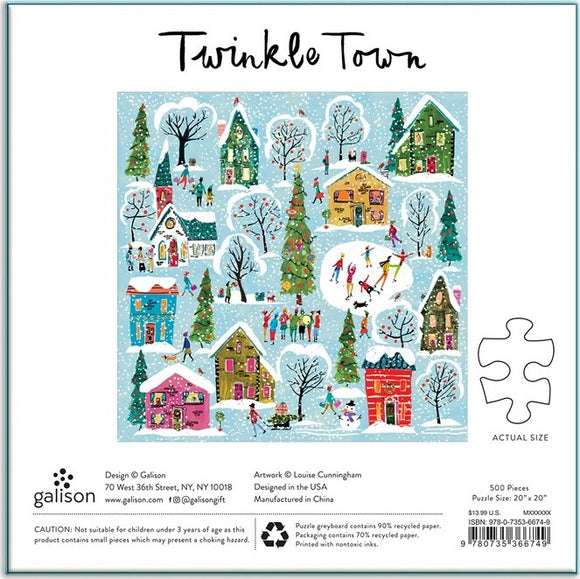 Twinkle Town jigsaw puzzle, featuring a colorful winter scene with quaint houses, snowy trees, and children playing. The puzzle consists of 500 pieces and measures 20 inches by 20 inches, designed by Louise Cunningham and made by Galison.
