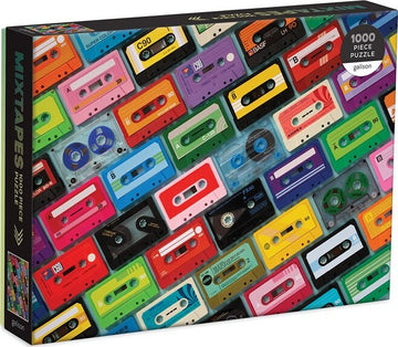 The Mixtapes 1000-piece jigsaw puzzle by Galison features a vibrant collage of colorful cassette tapes from various brands and styles, perfect for retro music lovers and puzzle enthusiasts.