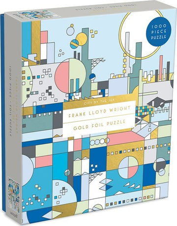 City by the Sea jigsaw puzzle by Frank Lloyd Wright, featuring colorful geometric designs in various shapes and sizes, presented in a gold foil box. This 1000-piece puzzle is perfect for art enthusiasts and puzzle lovers alike.
