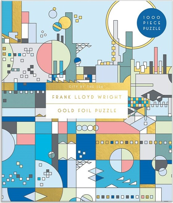 The City by the Sea jigsaw puzzle features a colorful geometric design inspired by Frank Lloyd Wright's architectural style, complete with gold foil accents. This 1000-piece puzzle showcases vibrant blues, yellows, and soft pastels, making it a visually striking and engaging indoor activity.