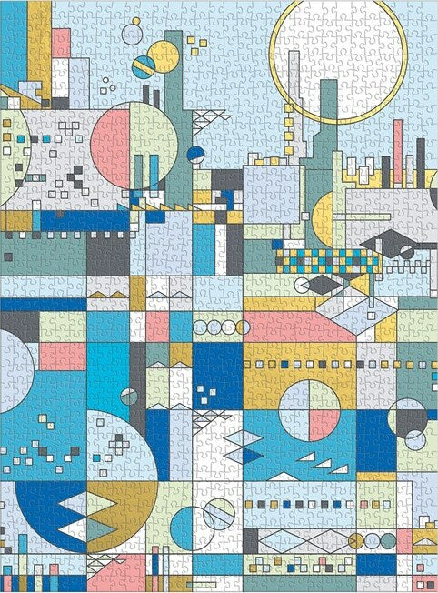 A colorful jigsaw puzzle featuring an abstract geometric design with circles, squares, and lines in shades of blue, yellow, and pink, inspired by the City by the Sea artwork. This puzzle showcases a vibrant skyline with an artistic twist.