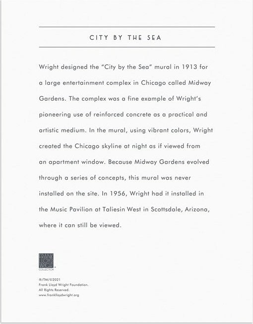 City by the Sea Jigsaw Puzzle featuring the vibrant mural designed by Frank Lloyd Wright in 1913. The puzzle showcases the Chicago skyline at night with rich colors, offering a challenging and artistic experience for puzzle enthusiasts.