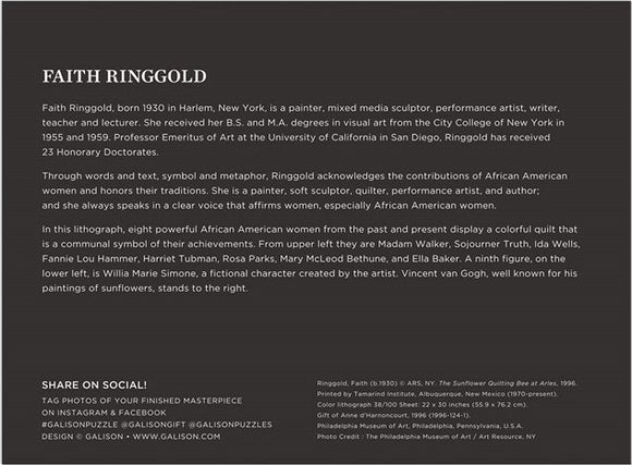 The Sunflower Quilting Bee at Arles jigsaw puzzle by Galison featuring a vivid illustration that honors African American women, showcasing various figures such as Madam Walker and Sojourner Truth, surrounded by vibrant sunflowers, beautifully crafted by artist Faith Ringgold.