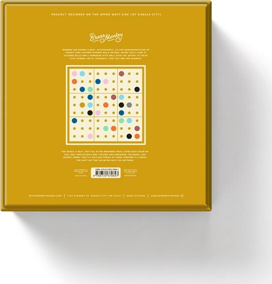 A vibrant yellow box design for the 'Sudoku With Some Balls' game by Chronicle Books. The back of the box features a colorful grid of dots in various sizes and colors, demonstrating the game's playful yet challenging nature. The brand 'Brass Monkey' is prominently displayed at the top, and instructions are included, emphasizing its fun and interactive experience.