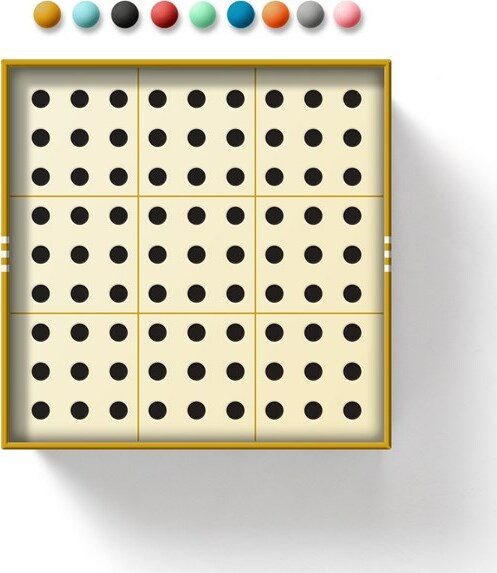 A top view of the Sudoku With Some Balls Game by Chronicle Books. The game features a grid with nine squares, each containing black dots on a cream background. Above the grid, there are six colorful balls in varying shades, including red, blue, green, and more, adding a playful touch to the game design.