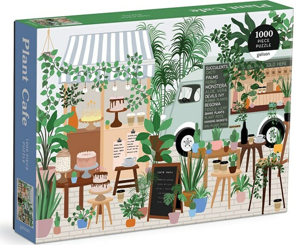 The Plant Cafe jigsaw puzzle by Galison features an intricate illustration of a lively café setting filled with various plants and desserts. The scene includes potted succulent arrangements, a charming food truck displaying plant offerings, and tables adorned with cakes and drinks surrounded by lush greenery. This colorful 1000-piece puzzle captures the essence of a vibrant café experience, perfect for plant lovers and puzzle enthusiasts alike.