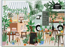 A colorful and intricately illustrated jigsaw puzzle titled 'Plant Cafe' by Galison. The scene depicts a vibrant outdoor cafe filled with various plants, including succulents, palms, and ferns. Beautiful desserts are displayed on wooden tables, enhancing the inviting atmosphere. A charming food truck is visible in the background, adorned with signage detailing plants and cafe offerings. The puzzle consists of 1000 pieces, perfect for plant lovers and puzzle enthusiasts alike.